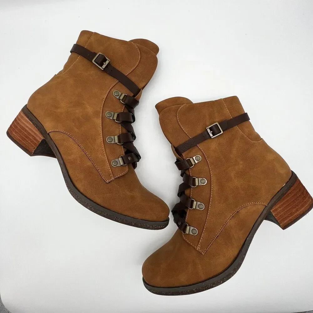 Kork-Ease Reese Tan Dark Brown Vegan Leather  Modern Short Riding Ankle Boot 8.5 - Picture 3 of 12